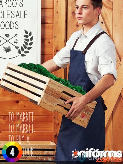 Navy blue urban bib apron from Yes Chef! Biz Collection Bib Apron BA55 with antique brass accents