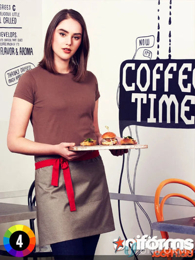 Waitress with tray of food wearing Yes Chef Urban Half Apron with textured fabric waist straps