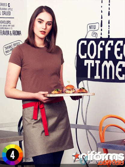 Waitress with tray of food wearing Yes Chef Urban Half Apron with textured fabric waist straps