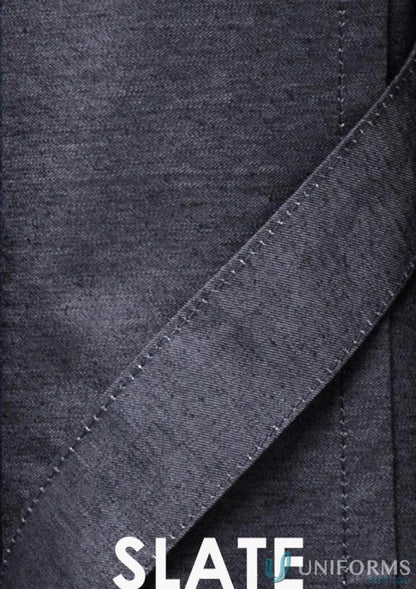 Slate-colored fabric with stitched trim on the Yes Chef Urban Half Apron featuring textured fabric waist straps for all-day comfort