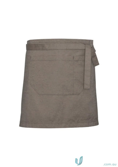 Taupe urban half apron with textured fabric waist straps and pocket for all-day comfort
