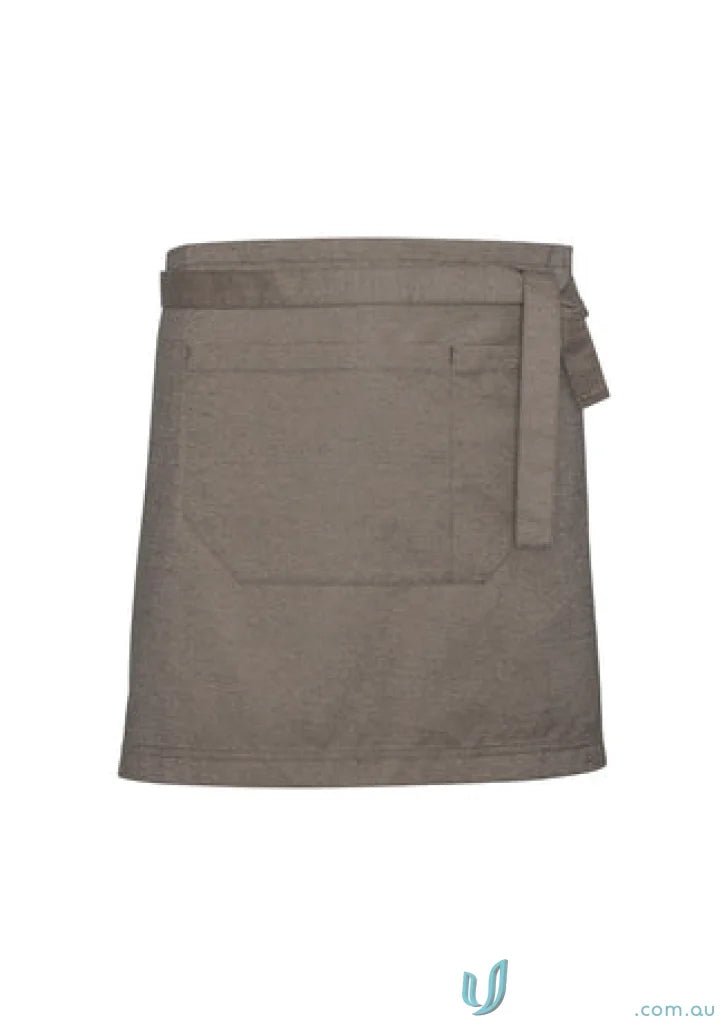 Taupe urban half apron with textured fabric waist straps and pocket for all-day comfort
