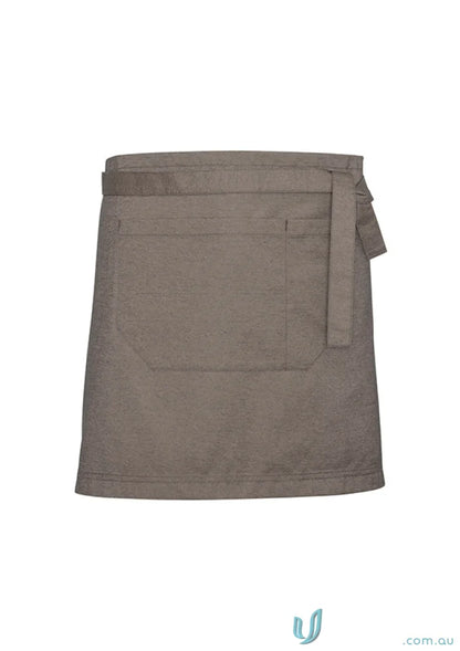 Taupe urban half apron with textured fabric waist straps and a handy pocket for all-day comfort