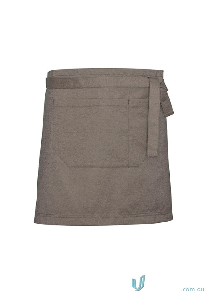 Taupe urban half apron with textured fabric waist straps and a handy pocket for all-day comfort