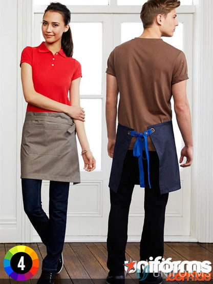Two servers in Yes Chef Urban Half Apron with textured fabric waist straps for all-day comfort
