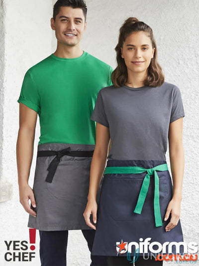 Two servers wearing Yes Chef! Urban Half Apron with textured fabric waist straps for all-day comfort