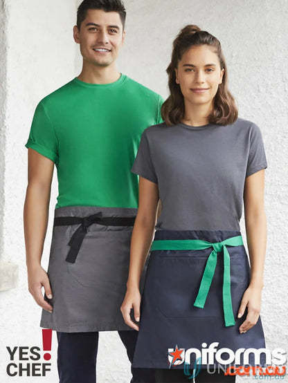 Two servers wearing Yes Chef! Urban Half Apron with textured fabric waist straps for all-day comfort