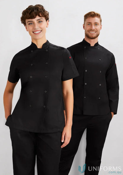 Two chefs in black zest ls chef jackets with mandarin collar and mesh ventilation