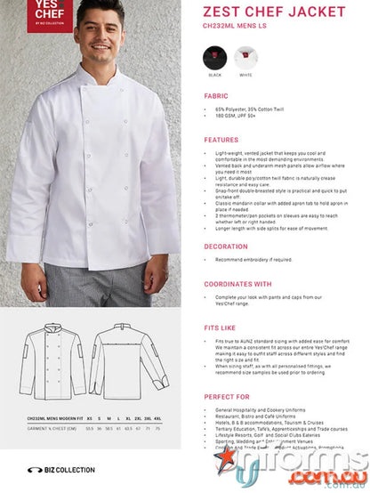 White Zest LS Chef Jacket with Mandarin Collar and Mesh Ventilation for comfort