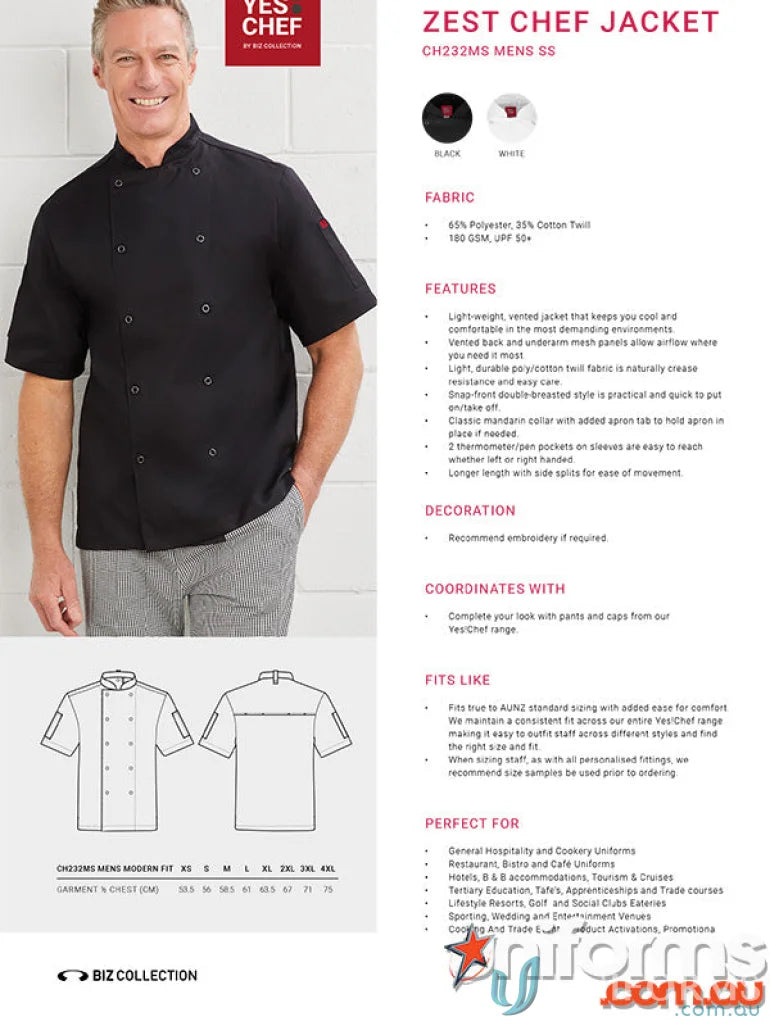 Yes Chef Zest SS Chef Jacket with underarm mesh inserts for staying cool