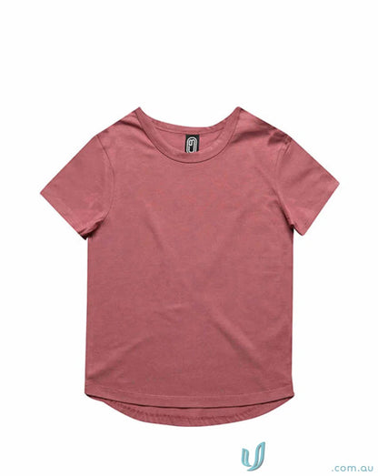 Rose-colored short-sleeved curved hem t-shirt for youth in the Youth Curved Hem T Shirt collection