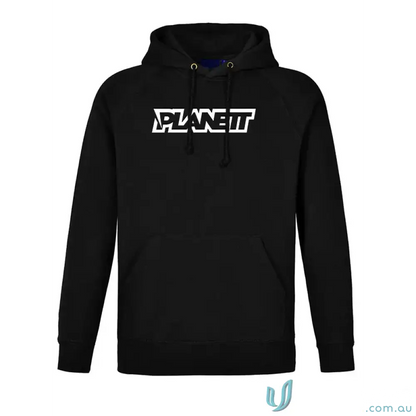 Black youth hike hoodie with white PLANET IT logo, comfy fleecy hoodie style