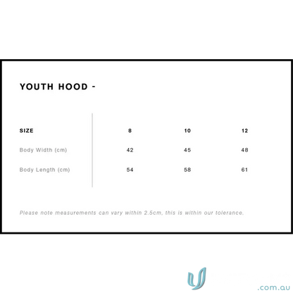Youth Hike Hoodie size chart with body width, length, and measurement tolerance for youth fleecy hoodie