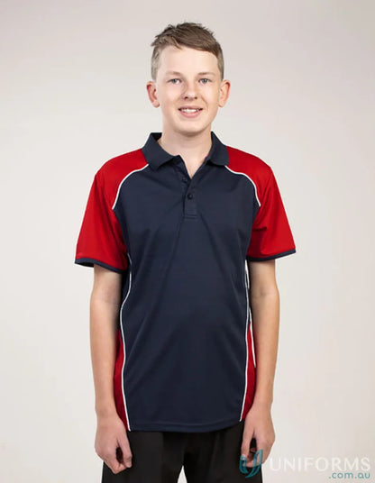 Youth McPherson Polo in navy and red with CoolDry moisture-wicking tech and recycled fibres