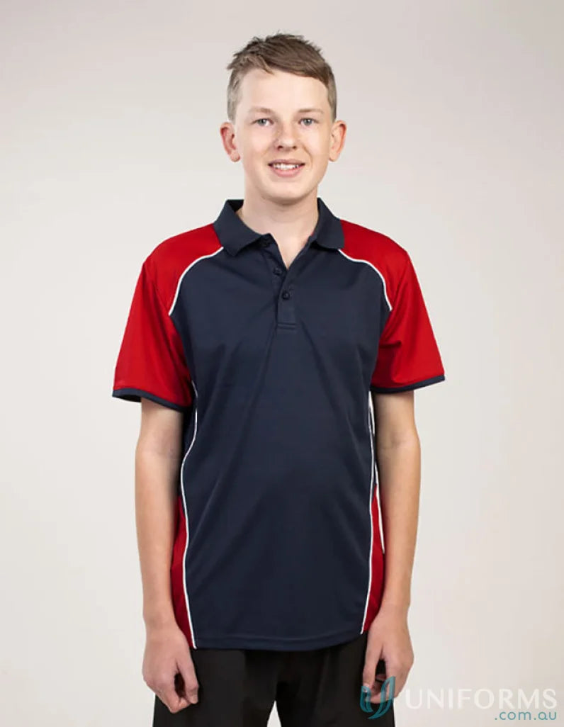 Youth McPherson Polo in navy and red with CoolDry moisture-wicking tech and recycled fibres
