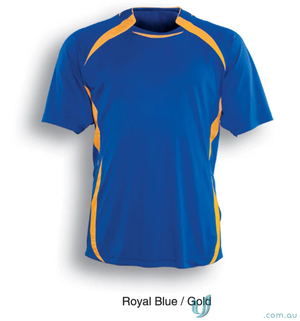 Royal blue youth sports jersey with gold accents for soccer, perfect for uniforms