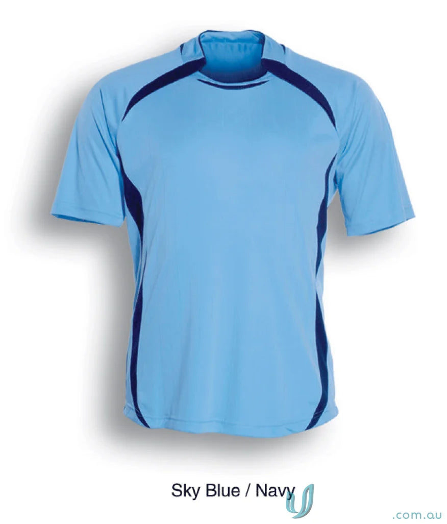 Sky blue youth sports jersey with navy side panels for soccer or team uniforms