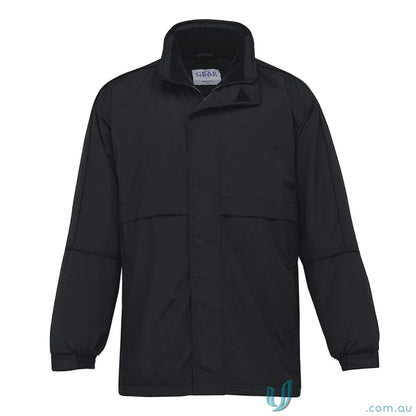 Black collared long-sleeved jacket perfect for Youth Plain Basecamp Anorak work uniforms with storm flap