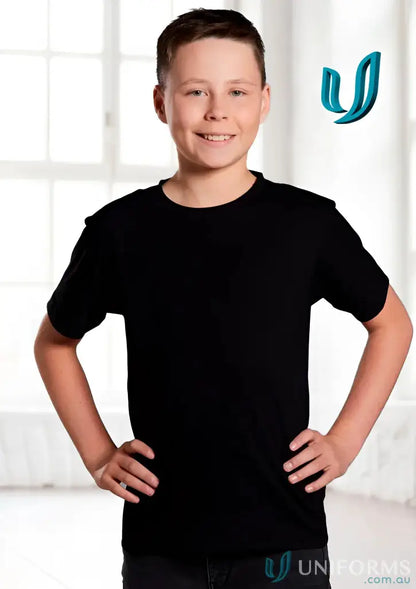 Young boy in black Youth Savvy Tee showing kids active winning spirit kids style