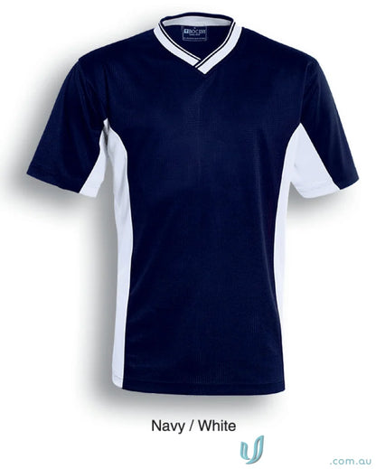 Youth Soccer Panel Jersey in navy blue and white short-sleeved V-neck style