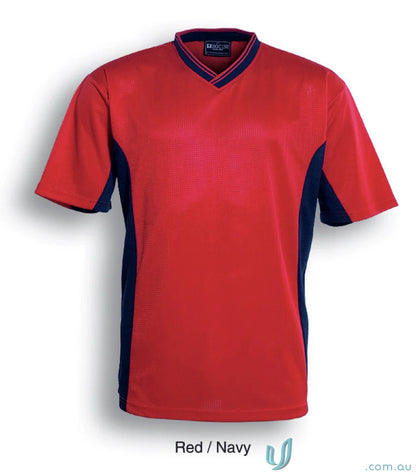 Red and navy blue short-sleeved soccer panel jersey for youth soccer panel jersey