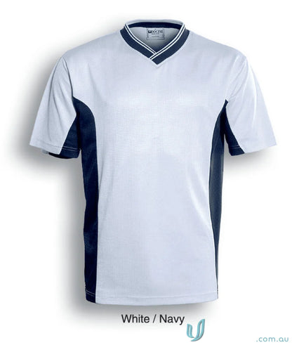 Youth Soccer Panel Jersey with white and navy blue short-sleeve soccer panel design