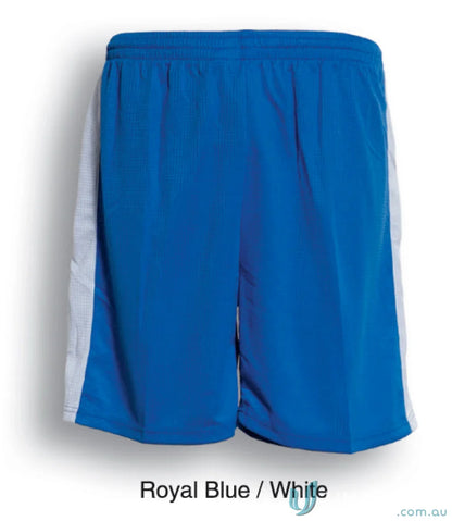Royal blue youth soccer panel shorts with white side panels for active play