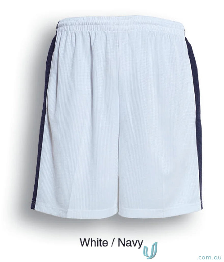 White youth soccer panel shorts with navy blue side stripes for a sporty look