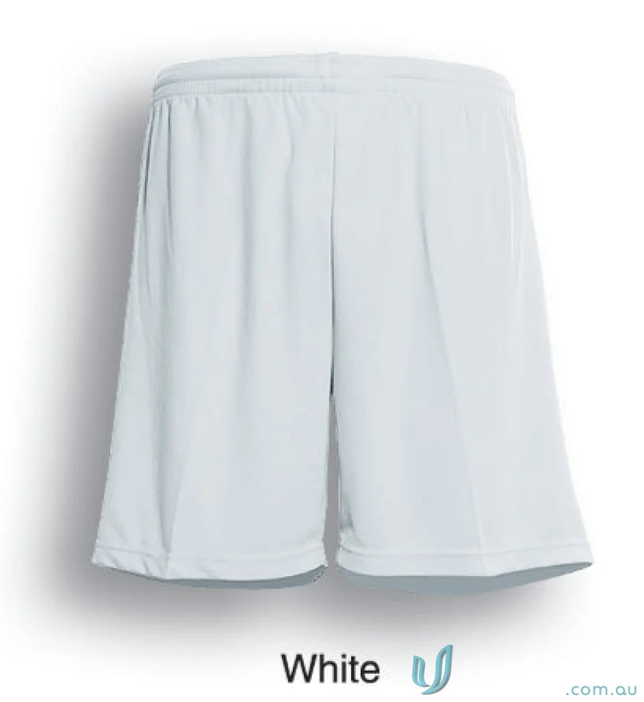 White athletic youth soccer shorts with elastic waistband for youth soccer players