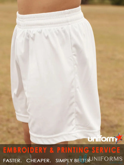 White athletic youth soccer shorts with elastic waistband for youth soccer players