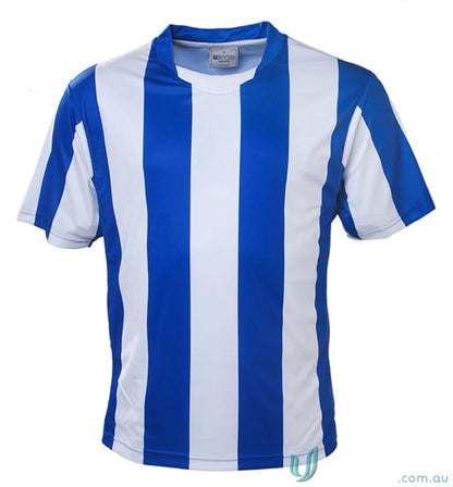 Youth striped football jersey with blue and white stripes and collar for soccer fans