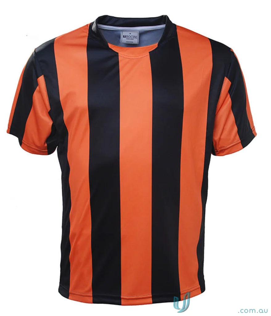 Youth striped football jersey with orange and black stripes, perfect for soccer fans