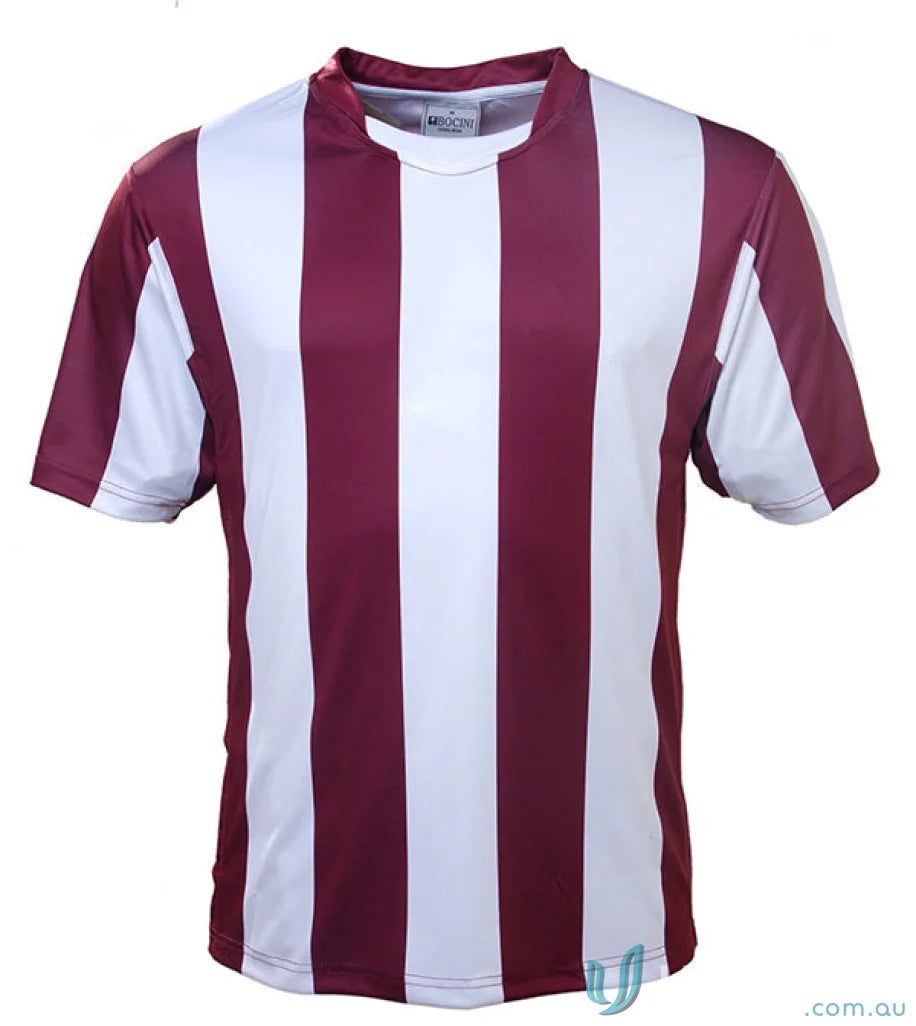 Youth striped football jersey with maroon and white vertical stripes and V-neck collar