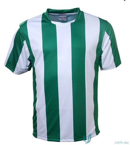 Youth striped football jersey with green and white vertical stripes, perfect for soccer fans