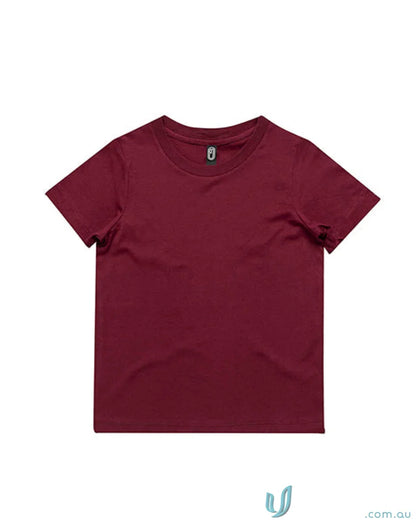 Maroon crew neck T-shirt ideal for youth uniforms and workwear, comfortable fit