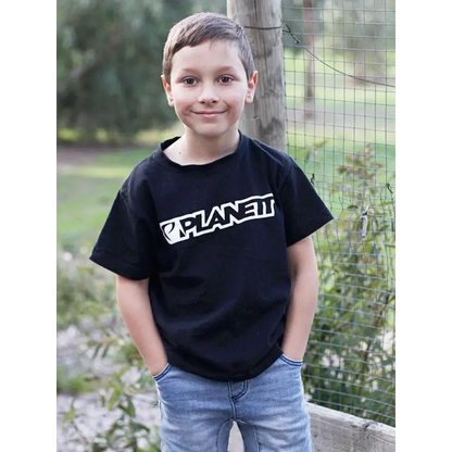Youth team tee with black planet graphic and white text