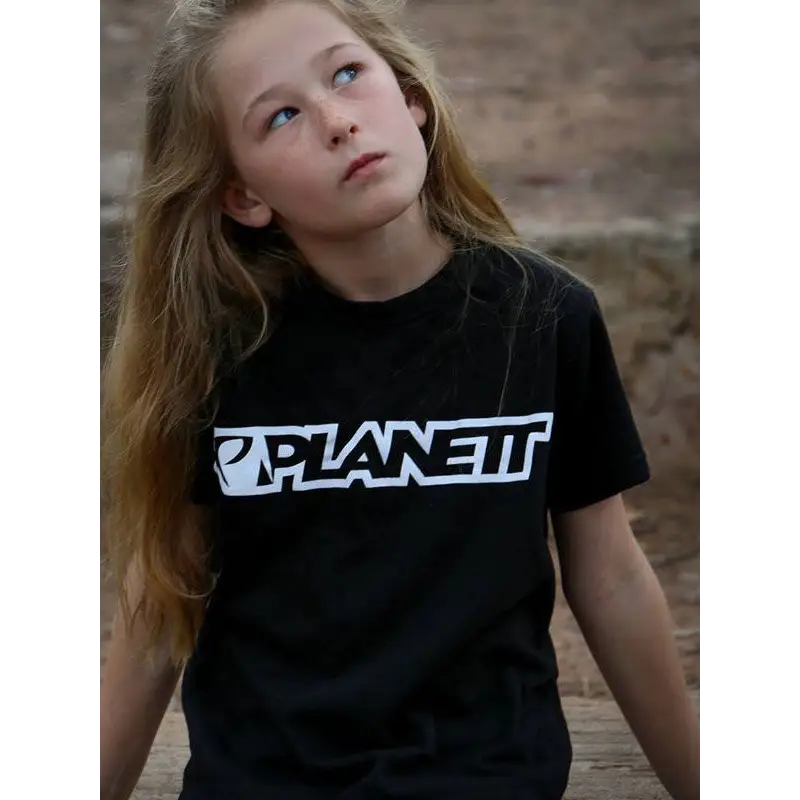 Youth team tee: black t-shirt with white planet text design