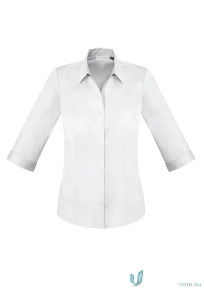 White three-quarter sleeve cotton-rich monaco shirt with french cuffs for YR Ladies EMB