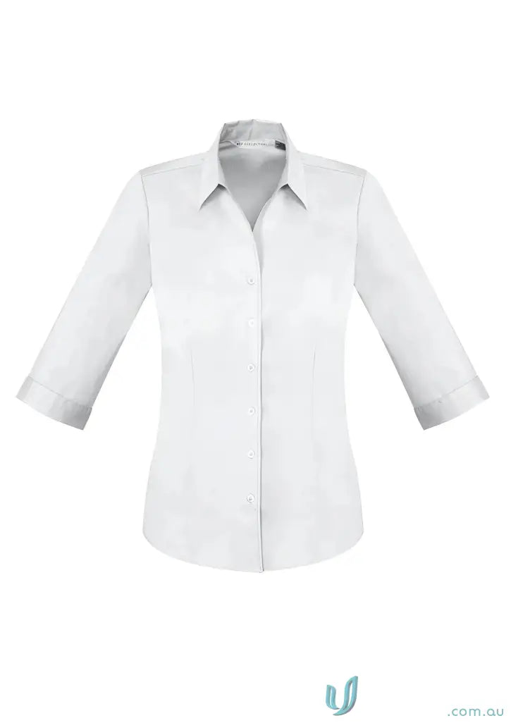 White three-quarter sleeve cotton-rich monaco shirt with french cuffs for YR Ladies EMB