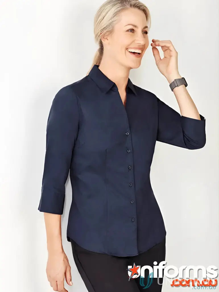Woman’s navy monaco shirt with french cuffs in a cotton-rich blend from YR Ladies