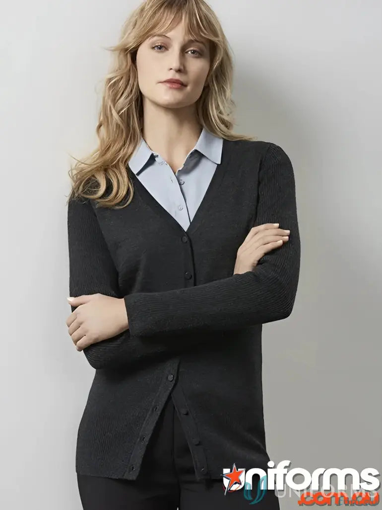 Woman’s gray milano knit cardigan from YR Ladies Biz Collection Ladies Milano collection