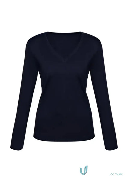 Navy blue V-neck long-sleeved milano knit jumper for ladies in YR Ladies collection