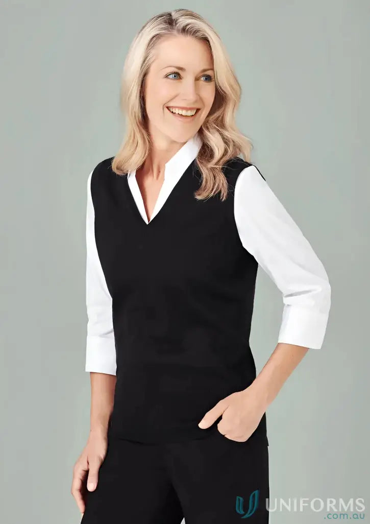 Milano women’s vest LV619L offers timeless style, woman in black vest and white shirt