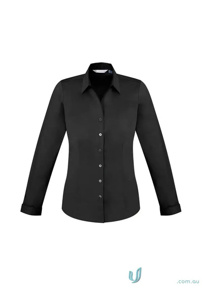Black long-sleeved button-down shirt from YR Ladies EMB LS Shirt, perfect for women’s biz collection