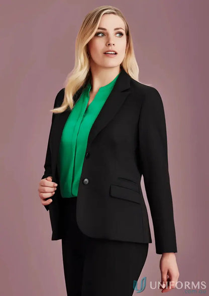 Black women’s business suit with a flattering silhouette and tapered waist, Siena Mid Length jacket