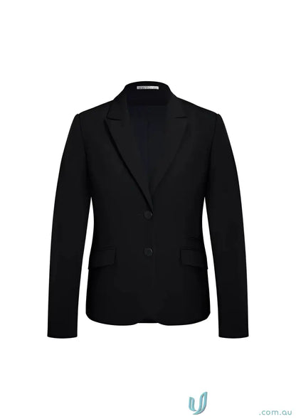 Black two-button blazer from YR Ladies Siena Mid Length Jacket, showcases flattering silhouette with tapered waist