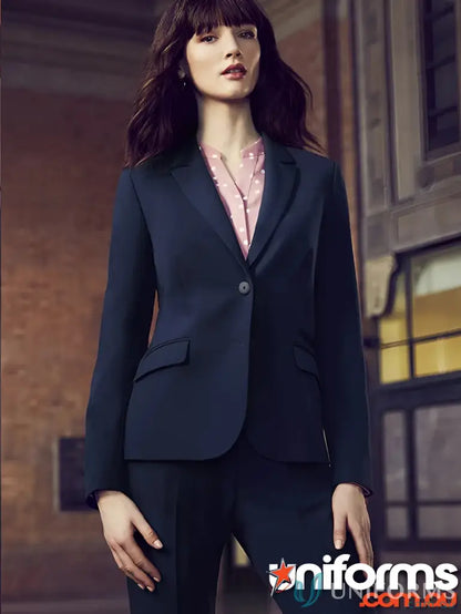 Navy blue Siena Mid Length Jacket showing a flattering silhouette and tapered waist