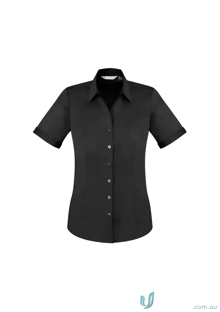 Black short-sleeved button-down shirt from YR Ladies EMB SS Shirt, perfect for women’s Monaco style