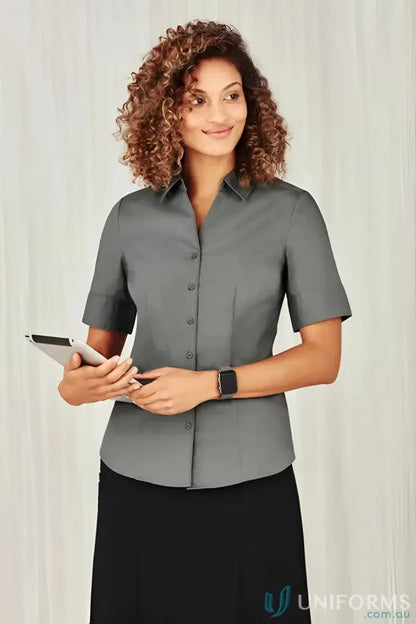 Women’s Monaco YR Ladies EMB SS Shirt in gray with black skirt, perfect for stylish looks