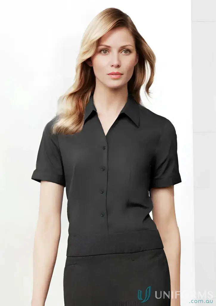 Women’s black short-sleeve button-down shirt from YR Ladies EMb SS Shirt, perfect for monaco short style